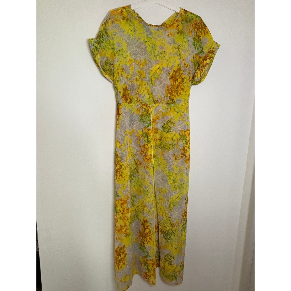 SHEIN Yellow Floral Maxi Dress Short Sleeve Slit Elastic Waist Large L 8/10